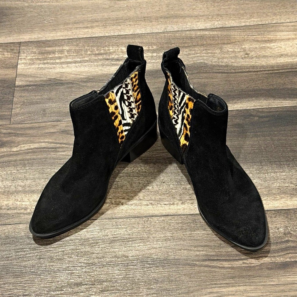Crown Vintage Black Suede Animal Print Chelsea Ankle Boots Women's Pointed Toe